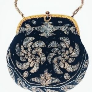 Antique Beaded Black Velvet Purse 1900s French Cut Steel     Engraved Gold Frame